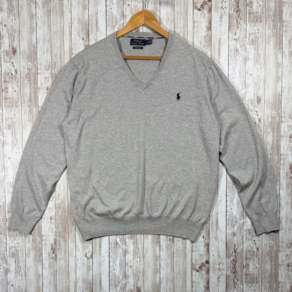 Polo by Ralph Lauren Sweater sz Large Light Gray V-Neck Ribbed Hem Cuffs Logo